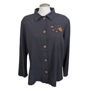 Vintage 1990s BFOFO Womens Medium Shirt Shacket Tribal Art Black Cotton Artsy